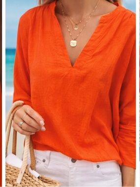 Old Navy Linen Blend Blouse Small Orange Boho Flowy Top Lightweight Summer